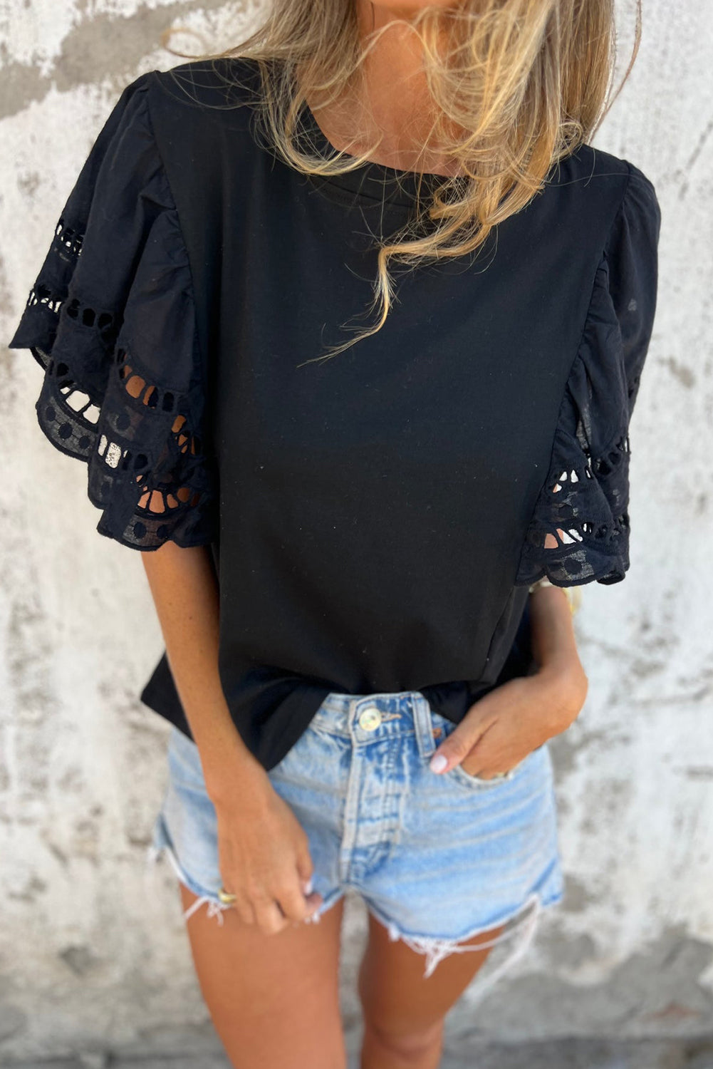 Hollow Out Embroidered Short Sleeve O Neck Top