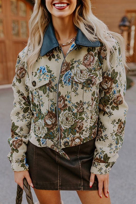 Floral Print Zip Up Contrast Collared Jacket