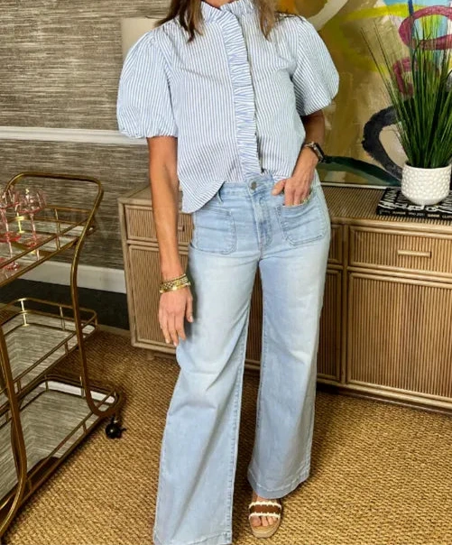 Beau Blue Striped Ruffle Short Bubble Sleeve Shirt