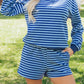 Blue Stripe Drop Shoulder Long Sleeve Pullover Elastic Waist Casual Short Set