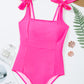 Square Neck Knotted Shoulder Open Back One Piece Swimsuit