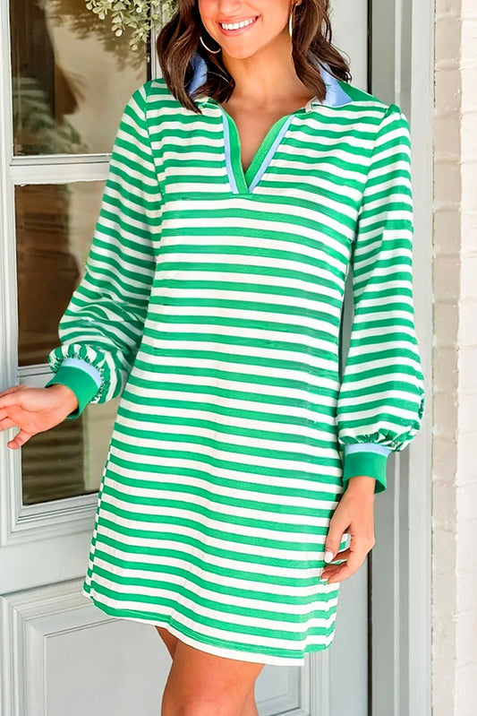 Striped Contrast Collar Split Neck Long Sleeve Mini Dress