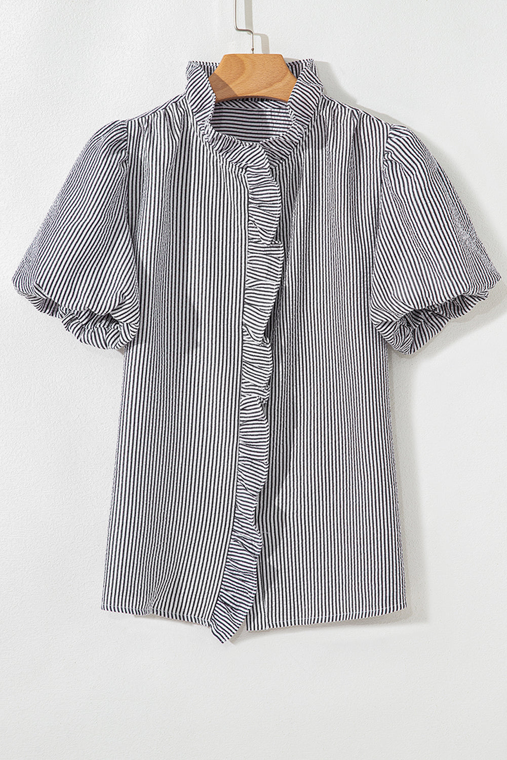 Beau Blue Striped Ruffle Short Bubble Sleeve Shirt