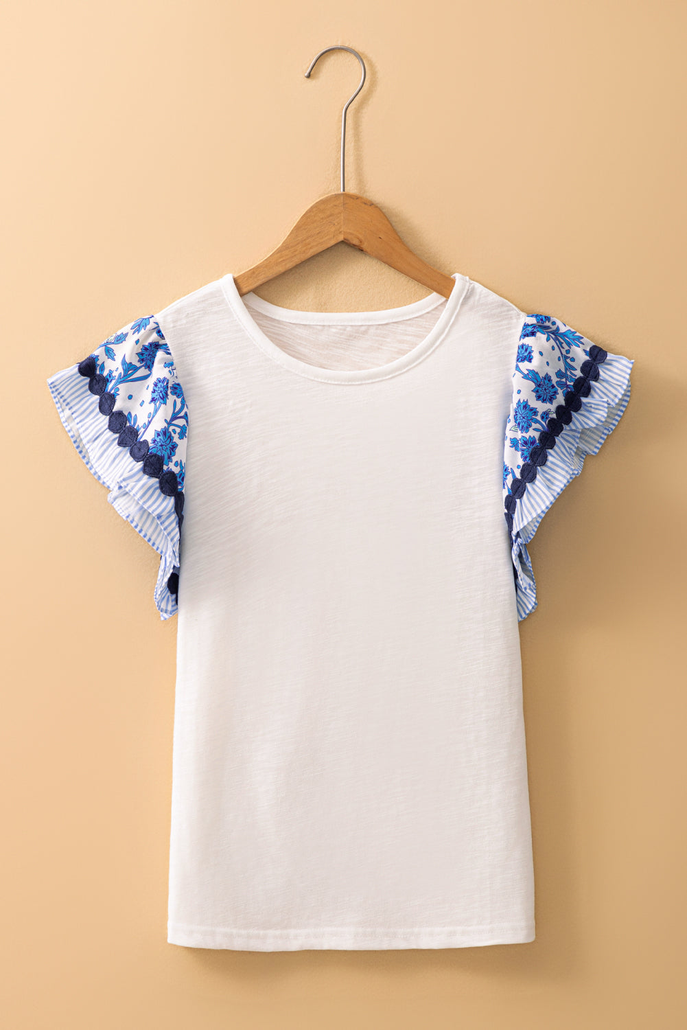 Ricrac Trim Printed Flutter Sleeve Contrast Patchwork Blouse