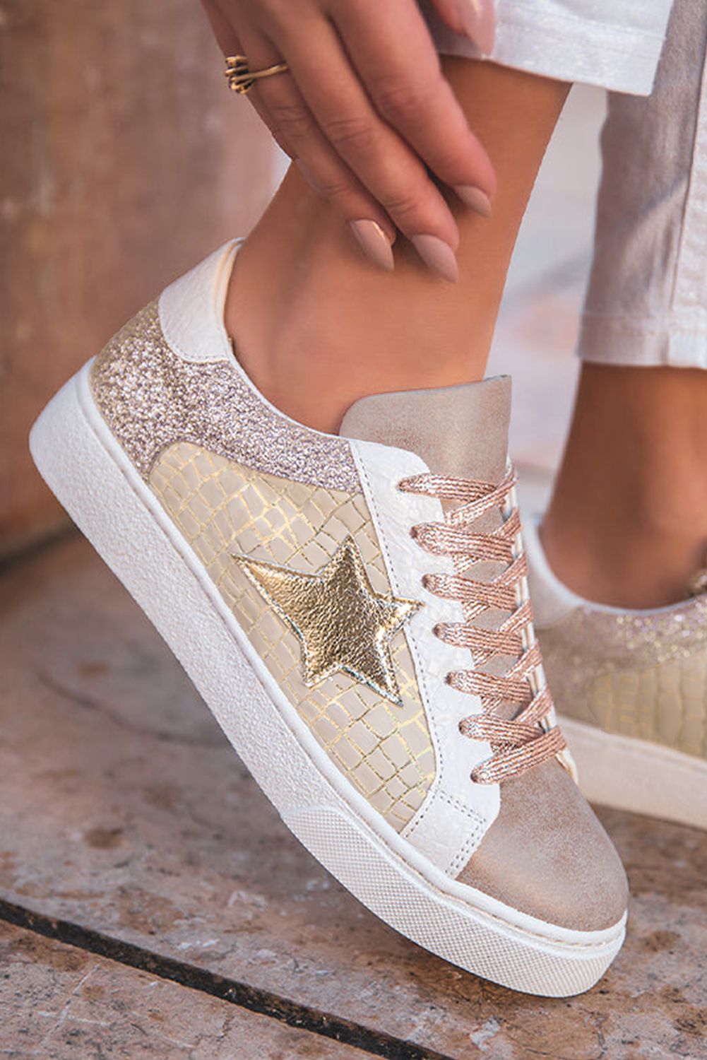 Star Patchwork Sequined Lace-up Sneakers