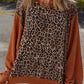 Leopard Floral Print Ribbed Puff Sleeve Patchwork Loose Pullover