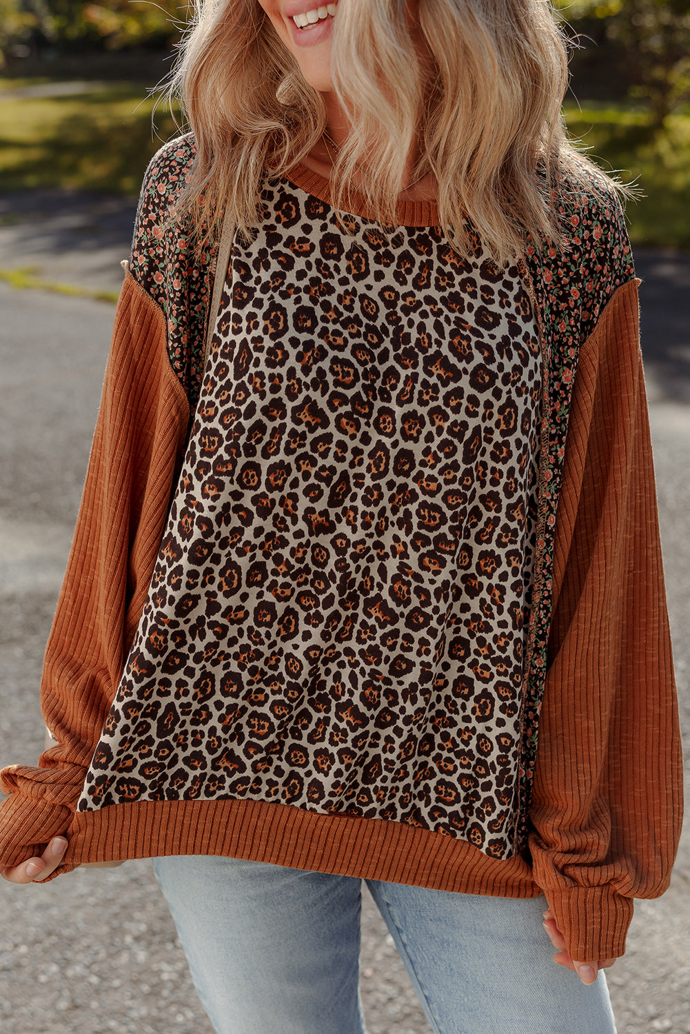 Leopard Floral Print Ribbed Puff Sleeve Patchwork Loose Pullover