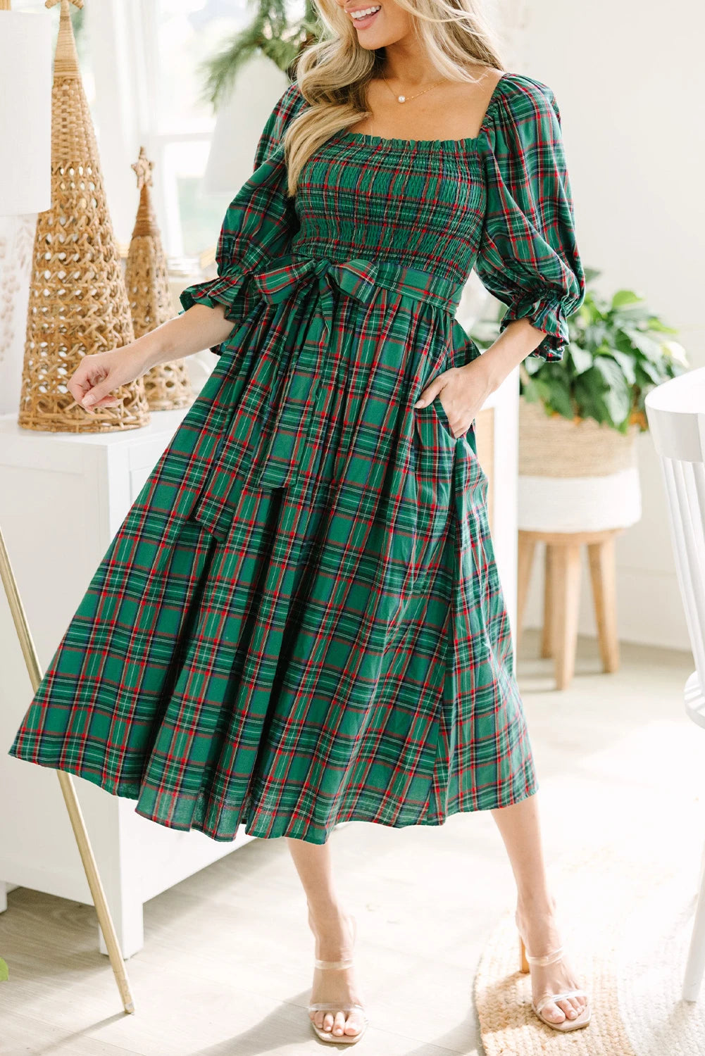Square Neck Puff Sleeve Knot Waist Flared Midi Dress