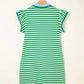 Green Stripe Print Contrast Collar Split Neck Flutter Sleeve Short Dress