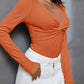 Textured Twist Front V Neck Long Sleeve Slim Solid Color Top