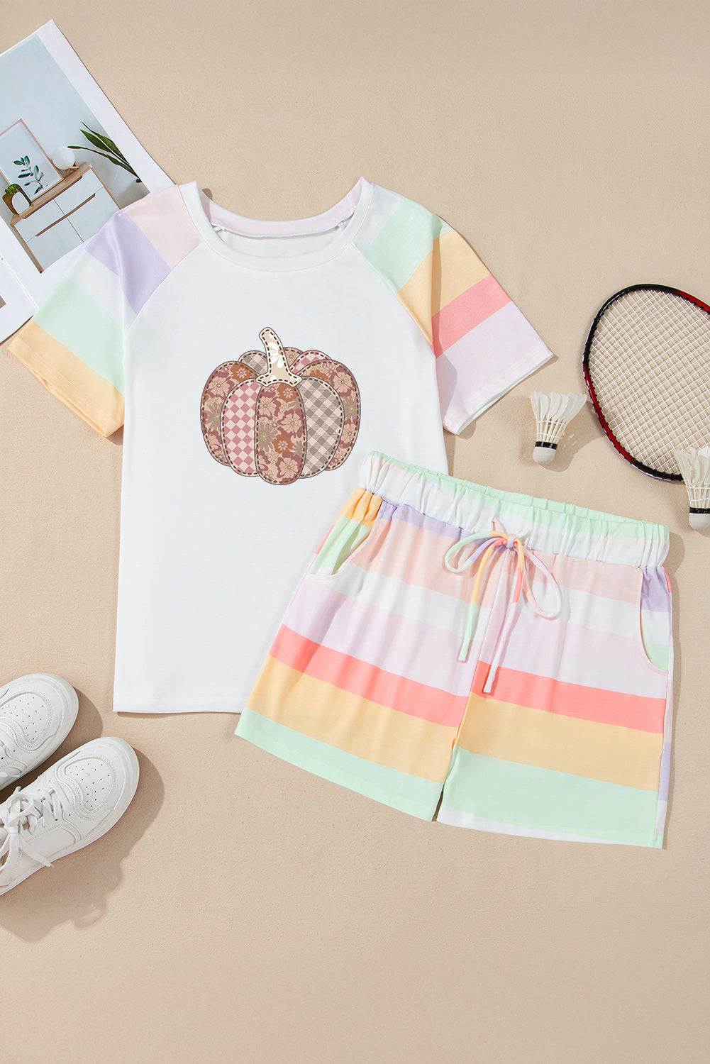 Pumpkin Graphic Rainbow Rush Shift Tee and Short Loungewear