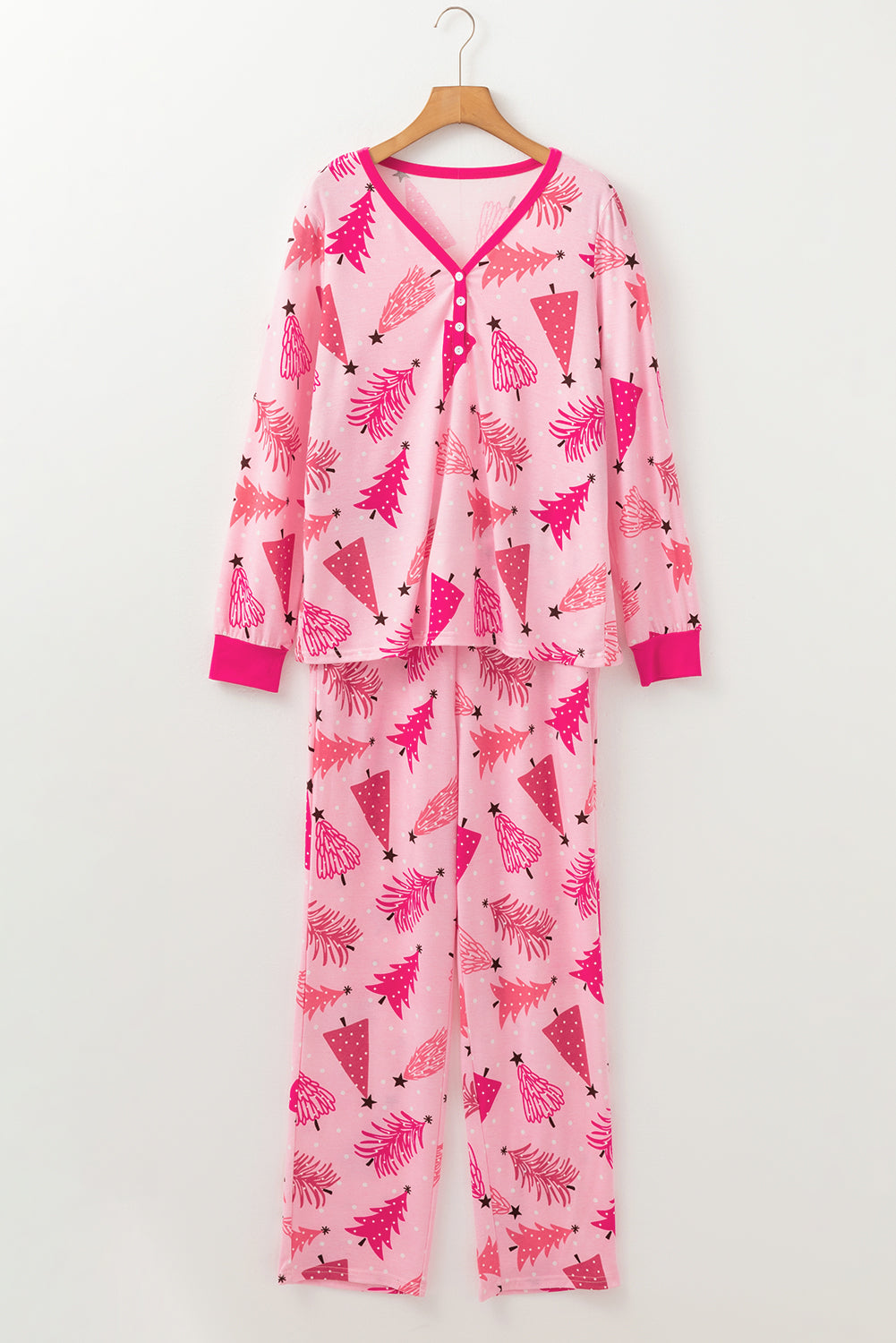 Christmas Tree Print V Neck Buttoned Pullover and Drawstring Pants Lounge Set
