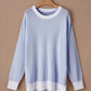 Plus Size Contrast Trim Crew Neck Rib Knit Drop Shoulder Sweater