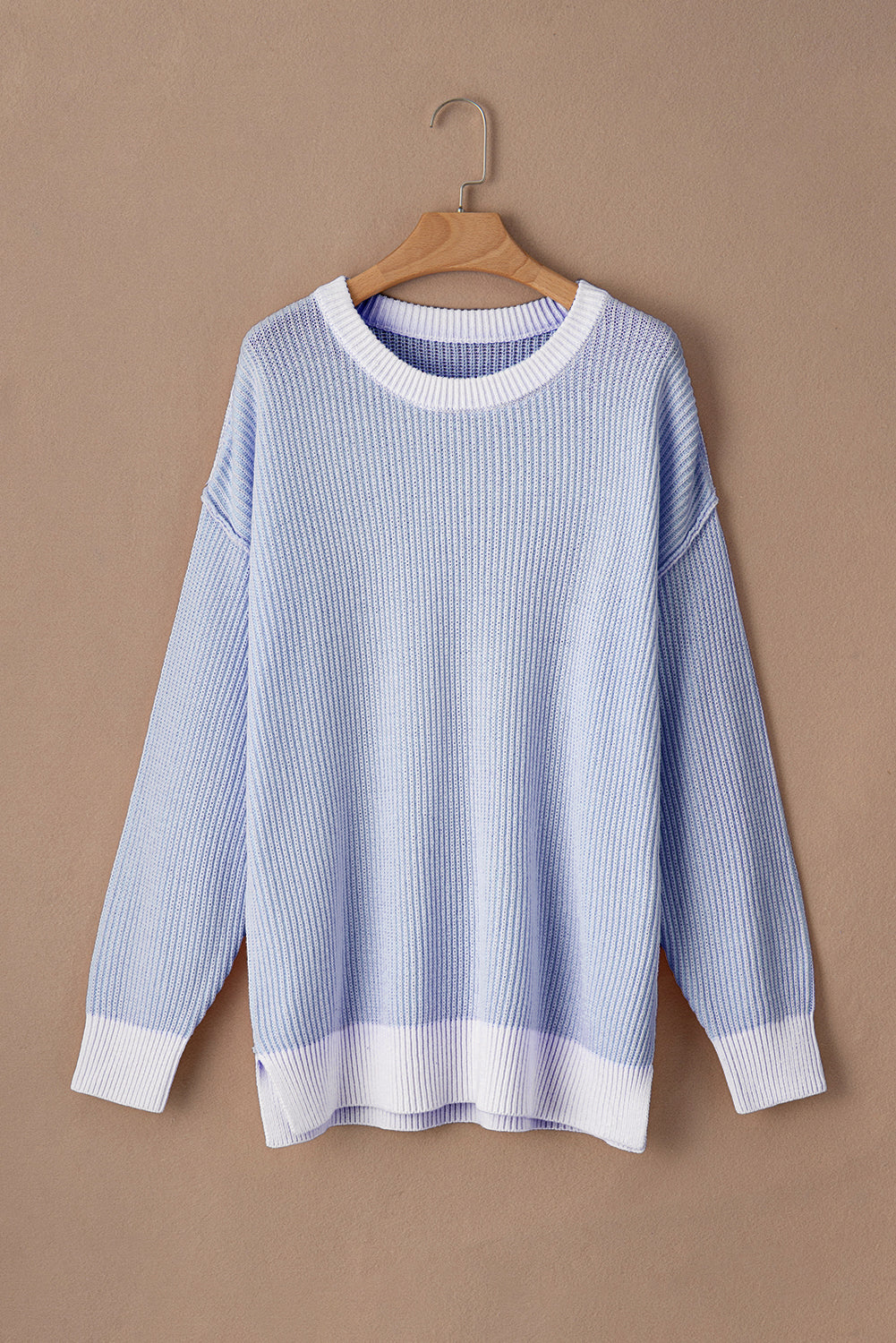 Plus Size Contrast Trim Crew Neck Rib Knit Drop Shoulder Sweater