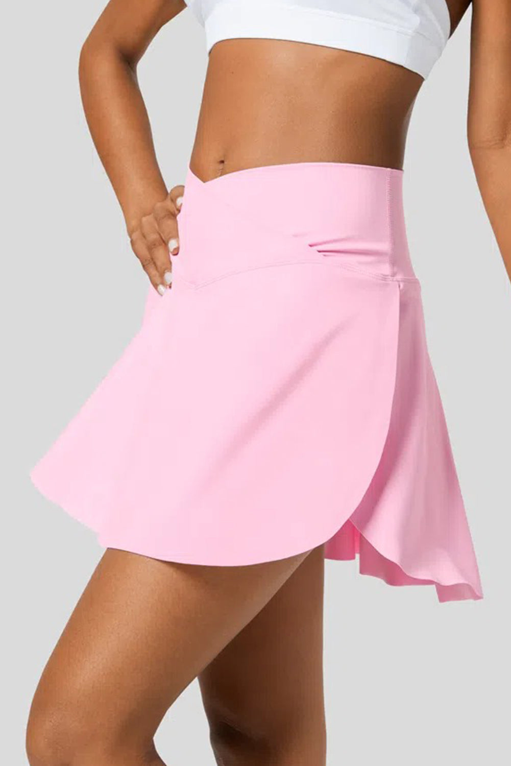 Solid Pocketed Crossover High Waist Swim Skort