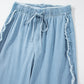 Light Wash Raw Hem Ruffled Wide Leg Jeans
