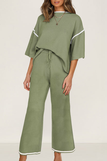 Contrast Trim Half Sleeve Top Drawstring Pants Loose 2pcs Sweater Suit