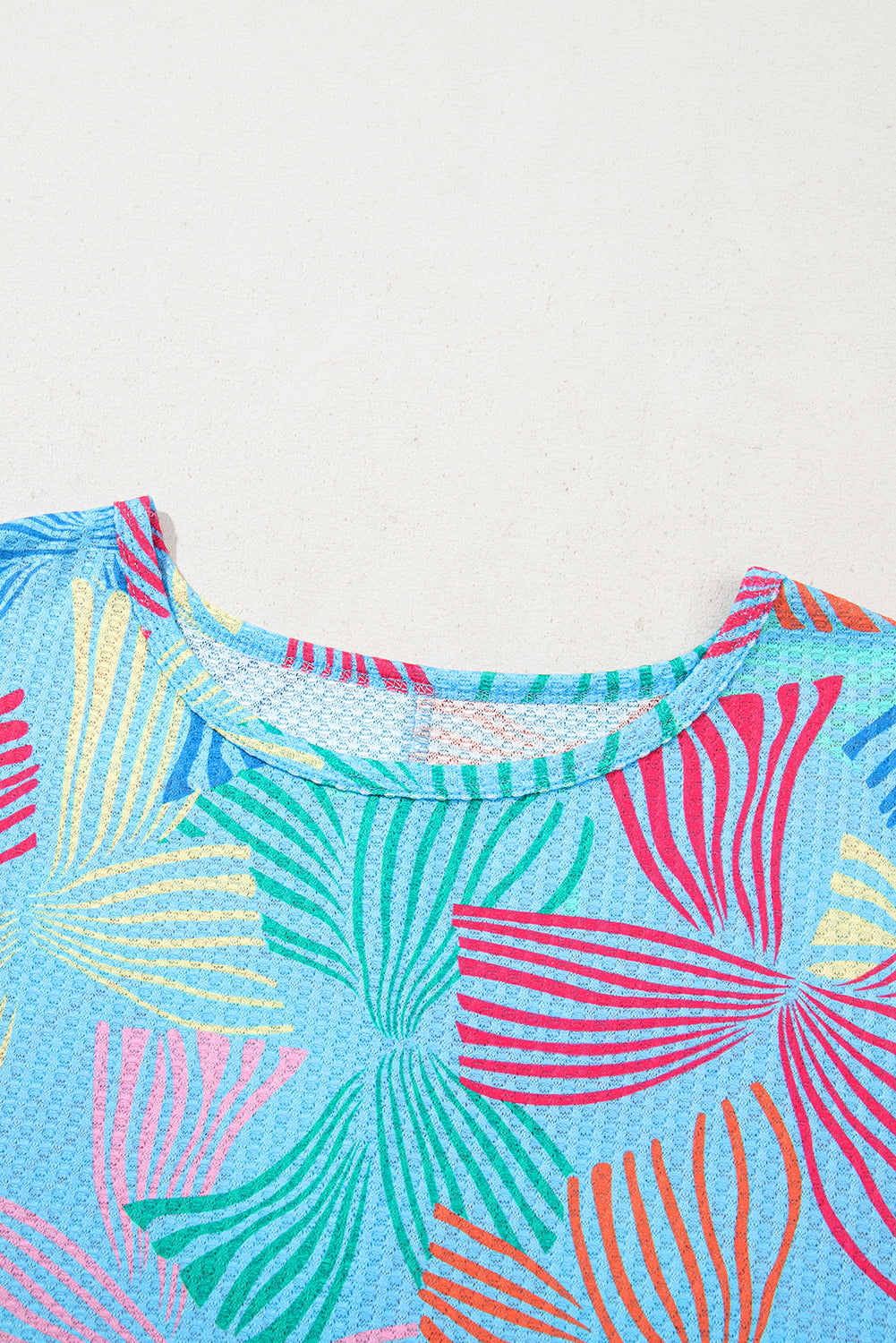 Printed Waffle Crewneck Loose Short Sleeve Top