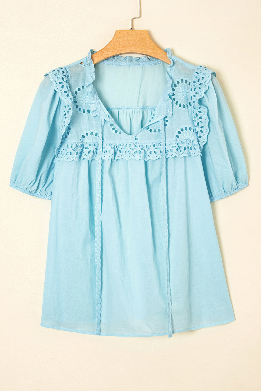 Embroidered Lace Patchwork Tie Neck Puff Short Sleeve Blouse