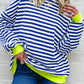 Striped Contrast Ribbed Trim Crossed Stitch Drop Shoulder Sweatshirt
