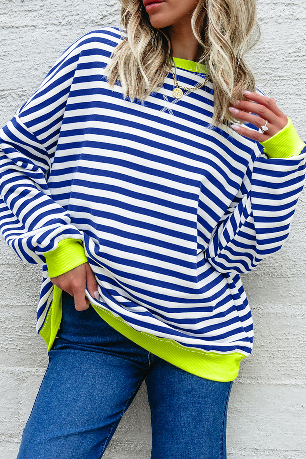 Striped Contrast Ribbed Trim Crossed Stitch Drop Shoulder Sweatshirt