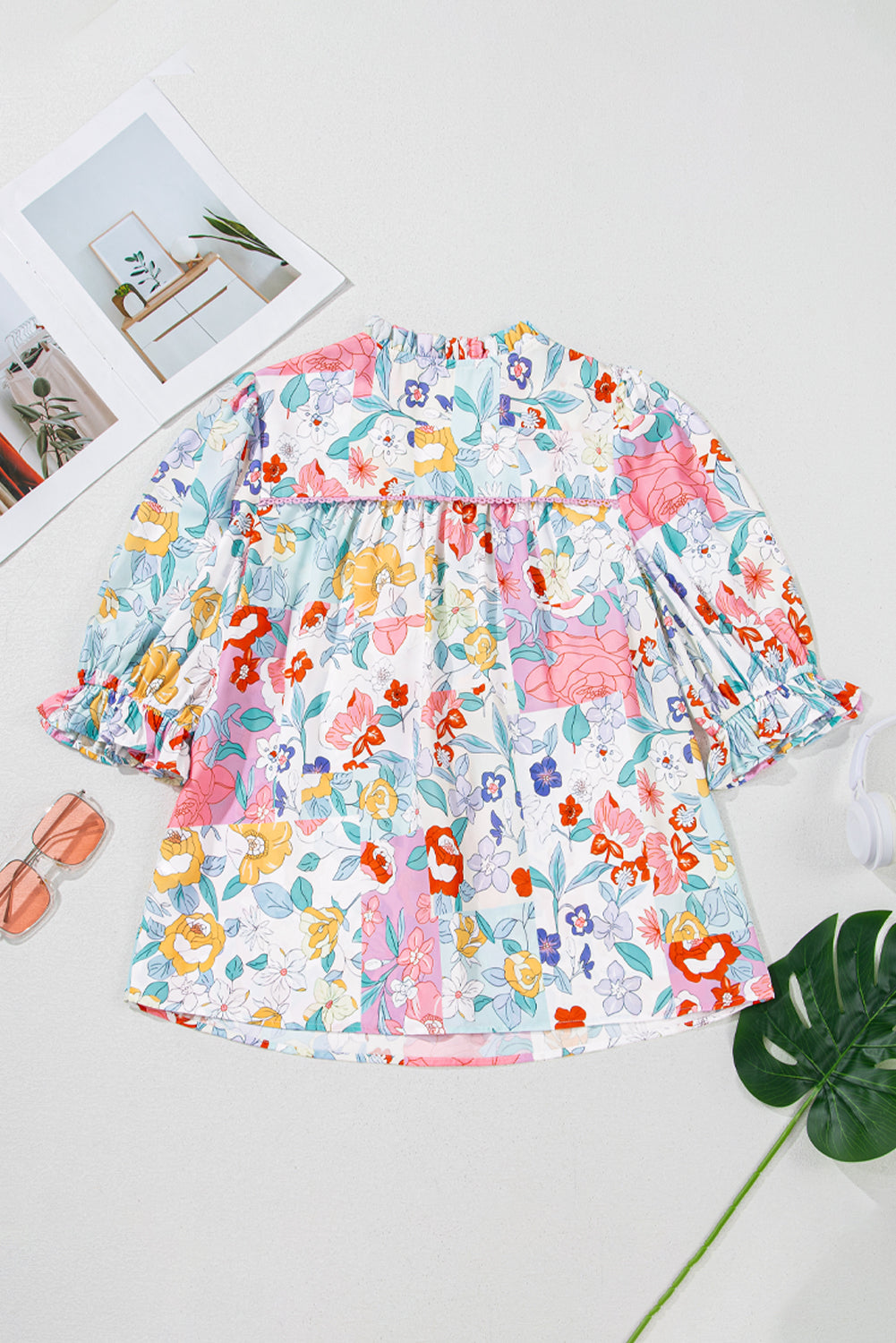 Boho Flower Print Half Puff Sleeve Blouse