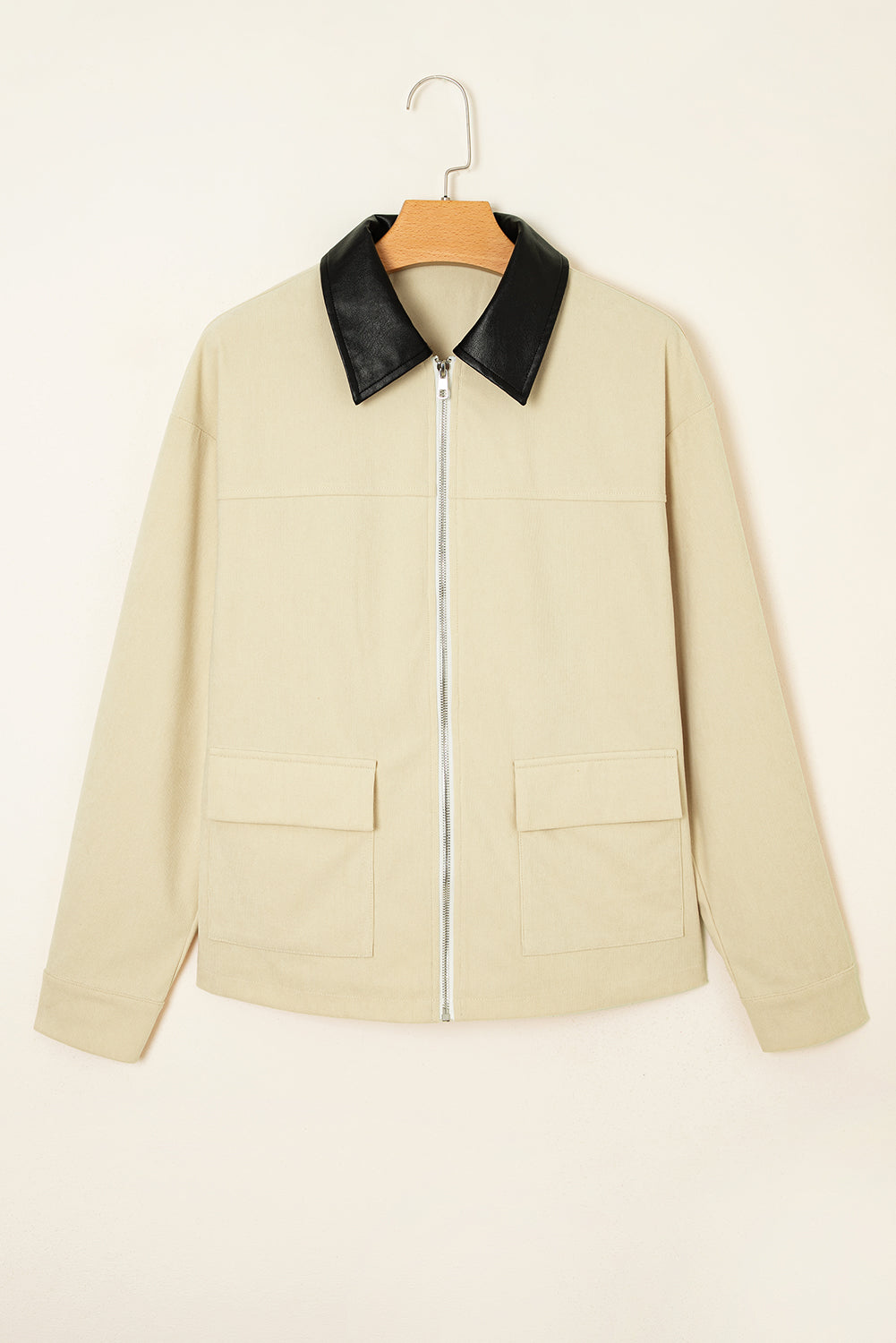 Contrast Leather Collar Textured Zip Up Jacket