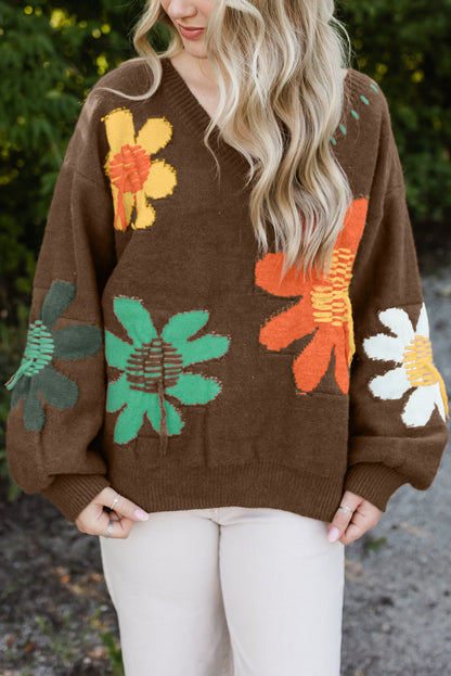 Flower Pattern V Neck Sweater