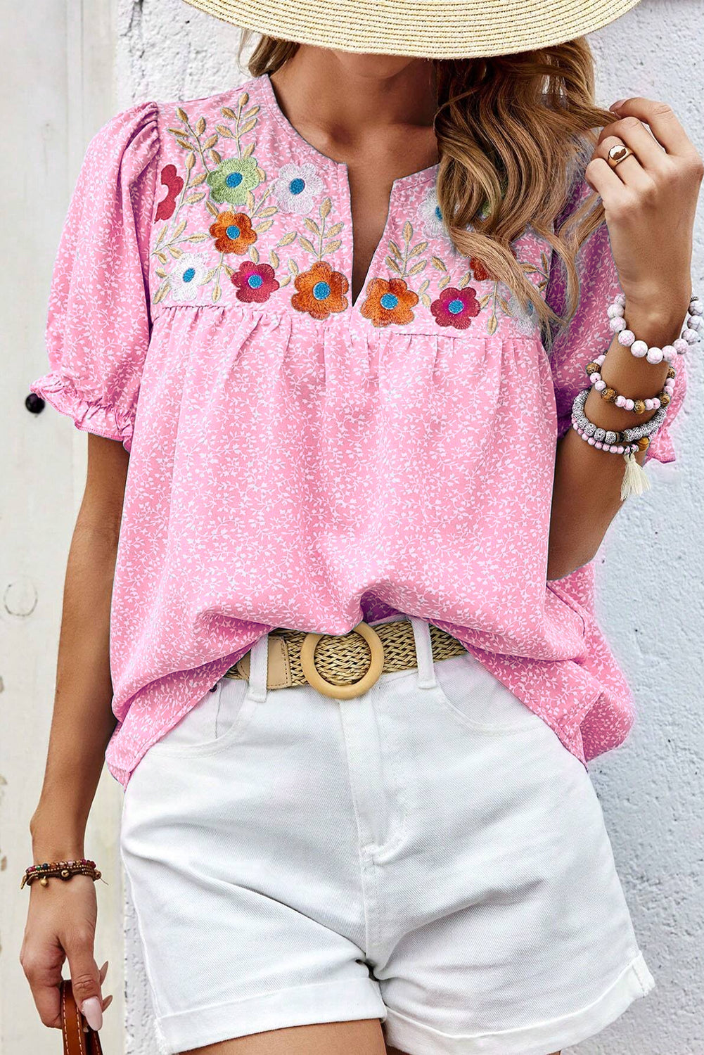 Floral Embroidered Puff Sleeve Notched V Neck Blouse