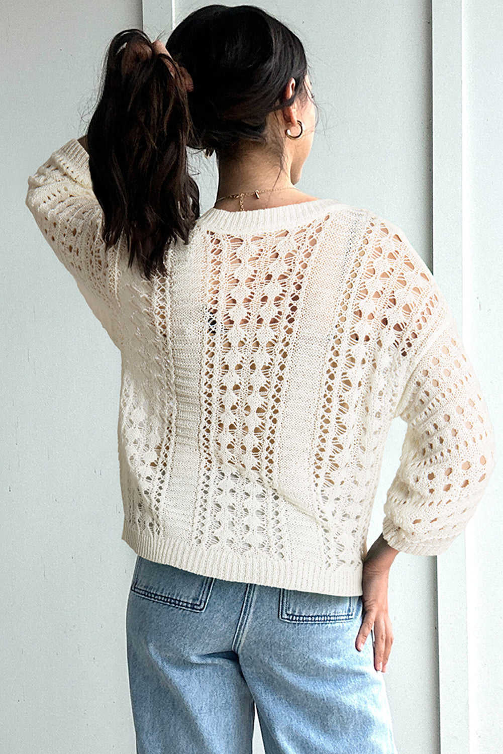 Hollow Out Knit Bracelet Sleeve Drop Shoulder Sweater
