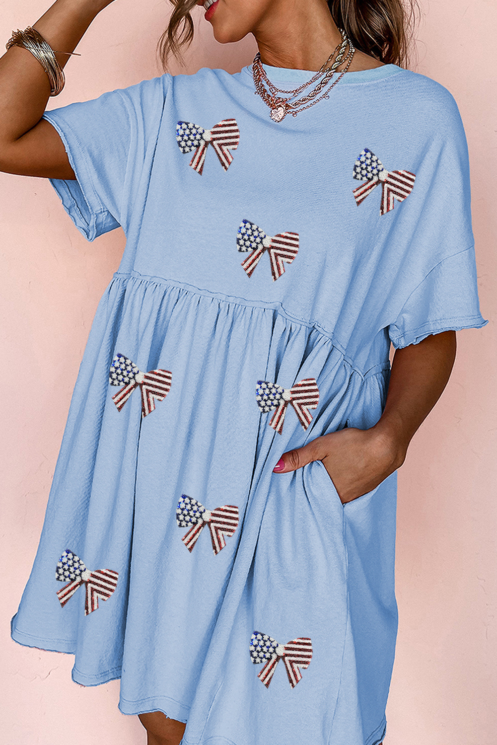 Star and Stripes Sequin Bow Patched T Shirt Babydoll Dress