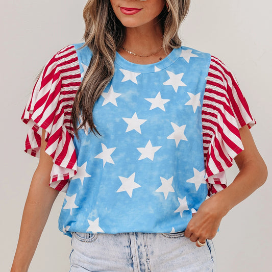 Sky Blue Vintage Star Print Striped Ruffle Sleeve Independence Day Top