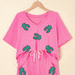 Sequin Turquoise Patched V Neck Tee Drawstring Shorts 2pcs Outfit