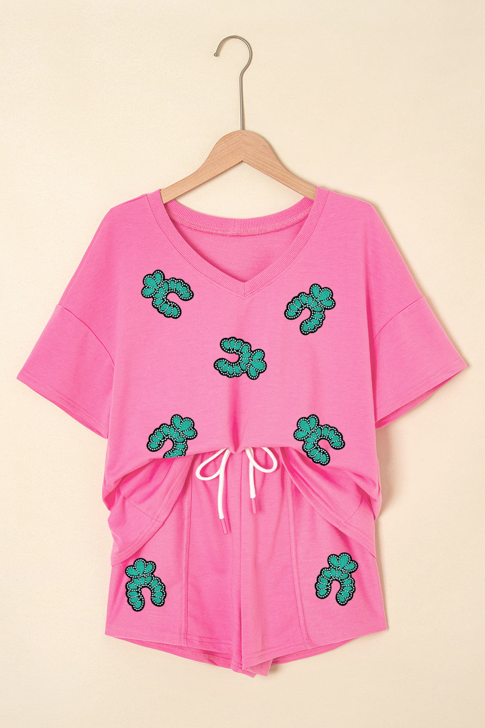 Sequin Turquoise Patched V Neck Tee Drawstring Shorts 2pcs Outfit