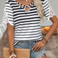 Cross Straps Hollowed Neck Lace Splicing Short Sleeve Blouse