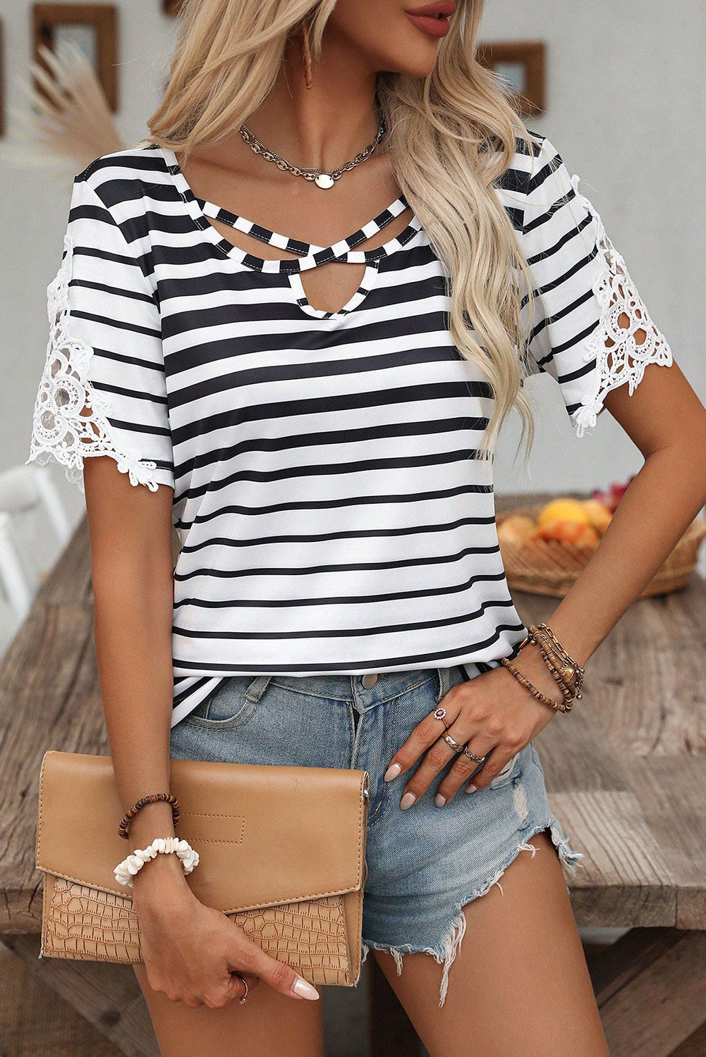 Cross Straps Hollowed Neck Lace Splicing Short Sleeve Blouse