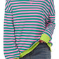 Striped Contrast Ribbed Trim Crossed Stitch Drop Shoulder Sweatshirt