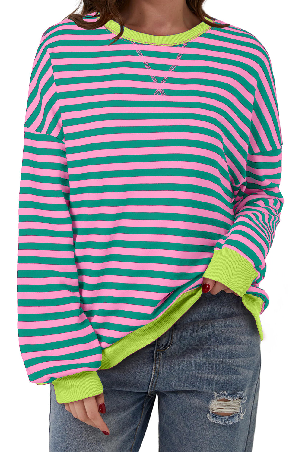 Striped Contrast Ribbed Trim Crossed Stitch Drop Shoulder Sweatshirt