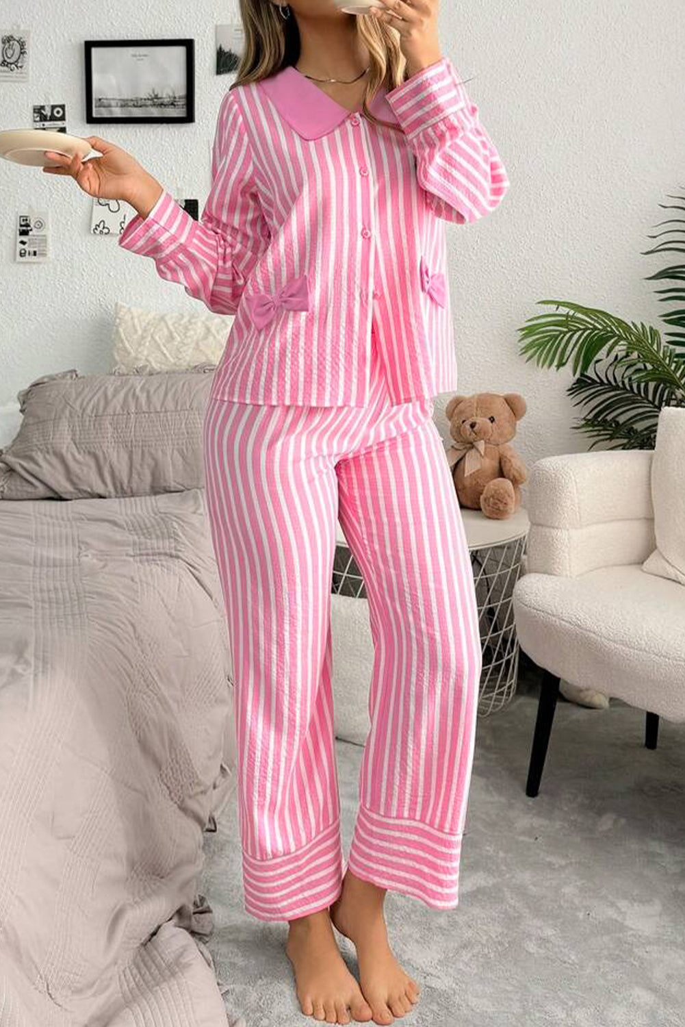 Buttoned Front Long Sleeve Top and Pants 2 Piece Sleepwear
