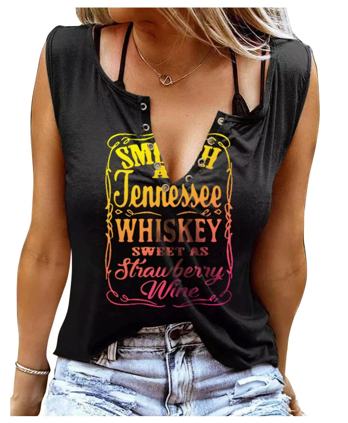 Printed V-neck Sleeveless T-shirt