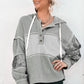 Waffle Printed Patchwork Drawstring Hooded Long Sleeve Top