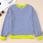 Striped Contrast Ribbed Trim Crossed Stitch Drop Shoulder Sweatshirt
