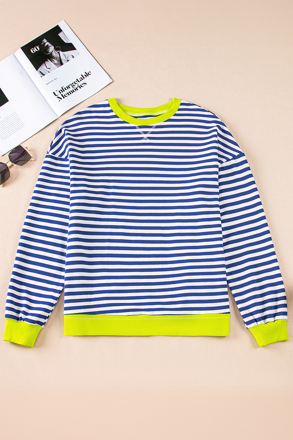 Striped Contrast Ribbed Trim Crossed Stitch Drop Shoulder Sweatshirt