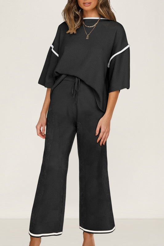 Contrast Trim Half Sleeve Top Drawstring Pants Loose 2pcs Sweater Suit