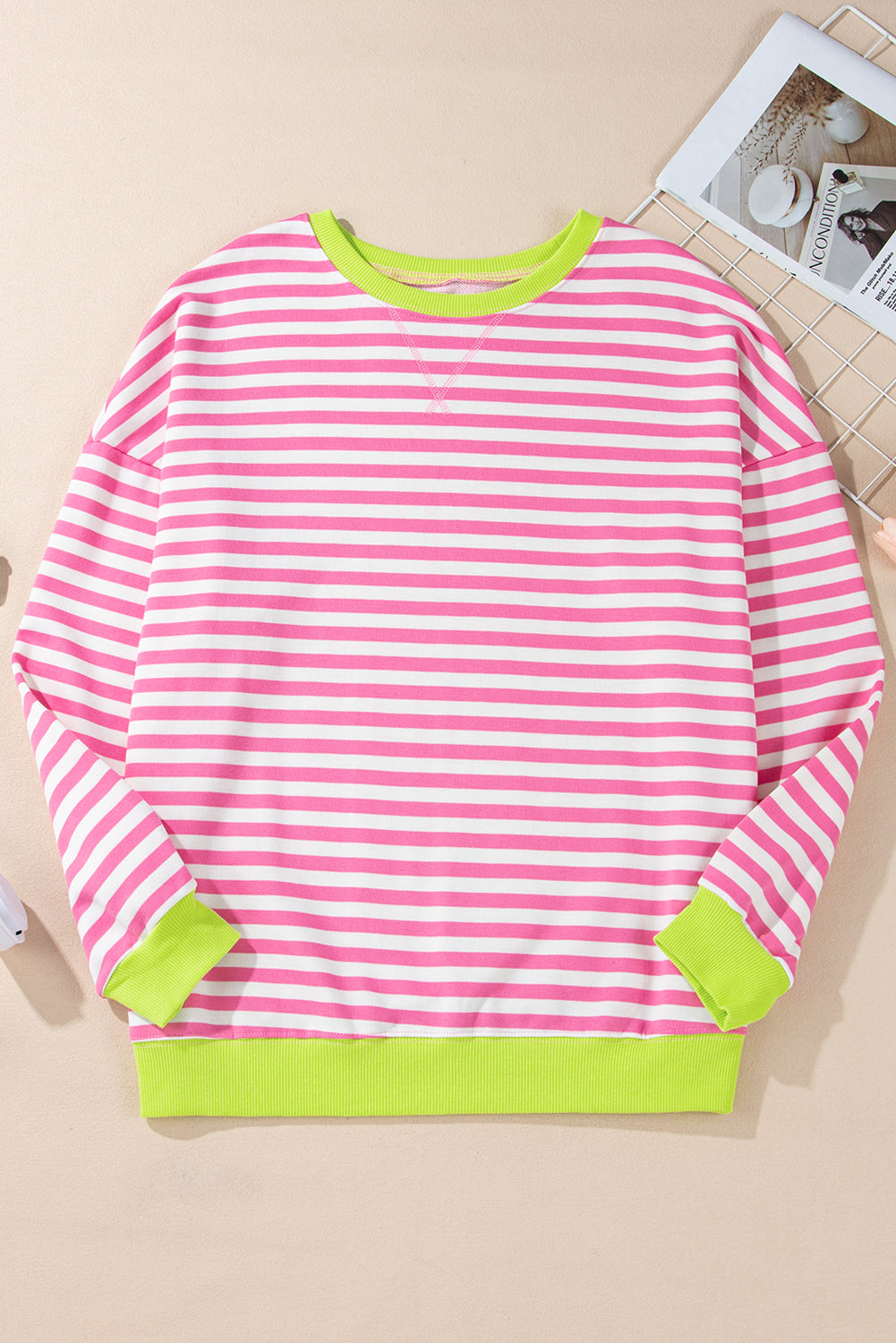 Striped Contrast Ribbed Trim Crossed Stitch Drop Shoulder Sweatshirt