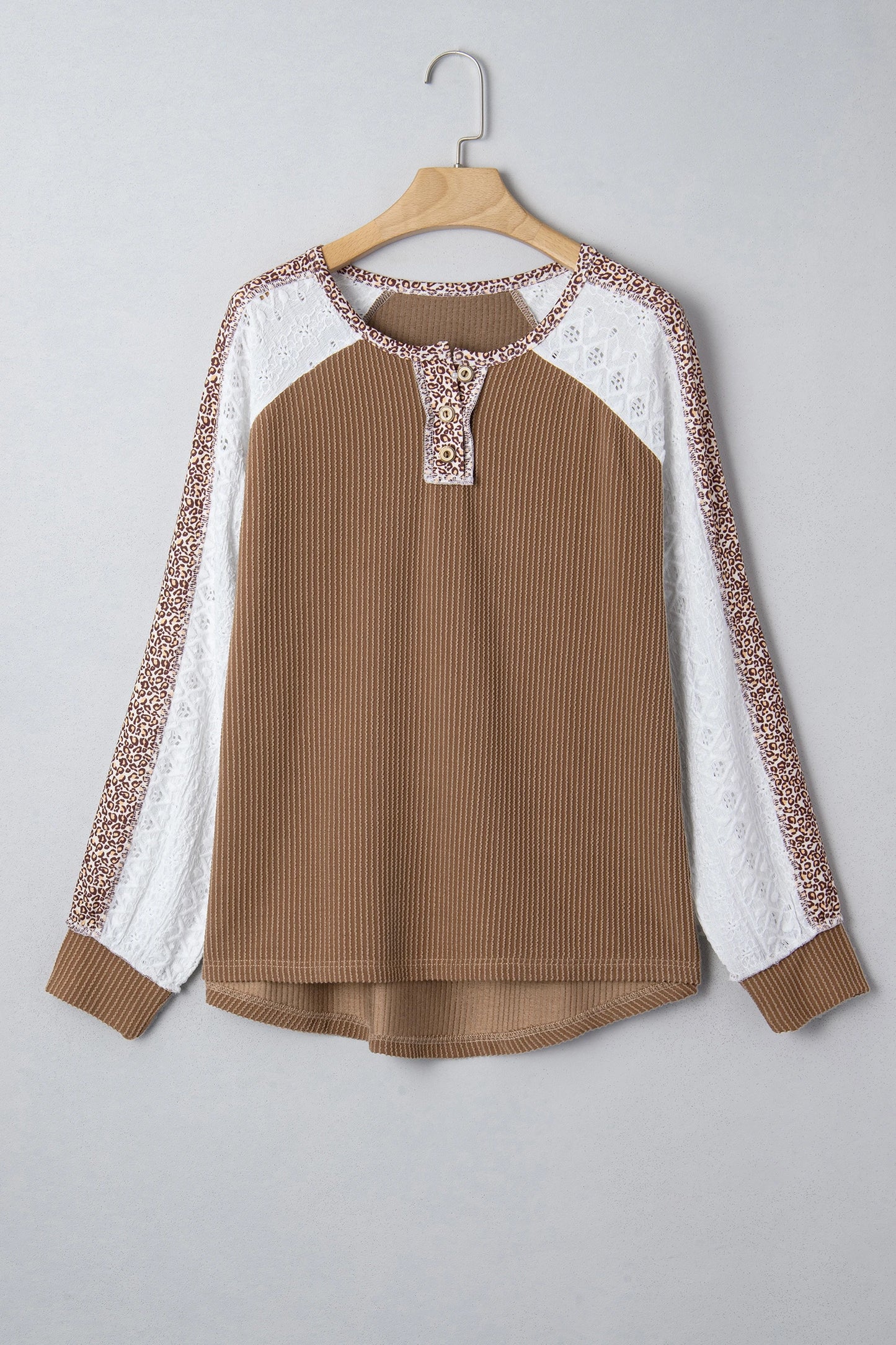 Twisted Ribbed Leopard Lace Contrast Patchwork Long Sleeve Top