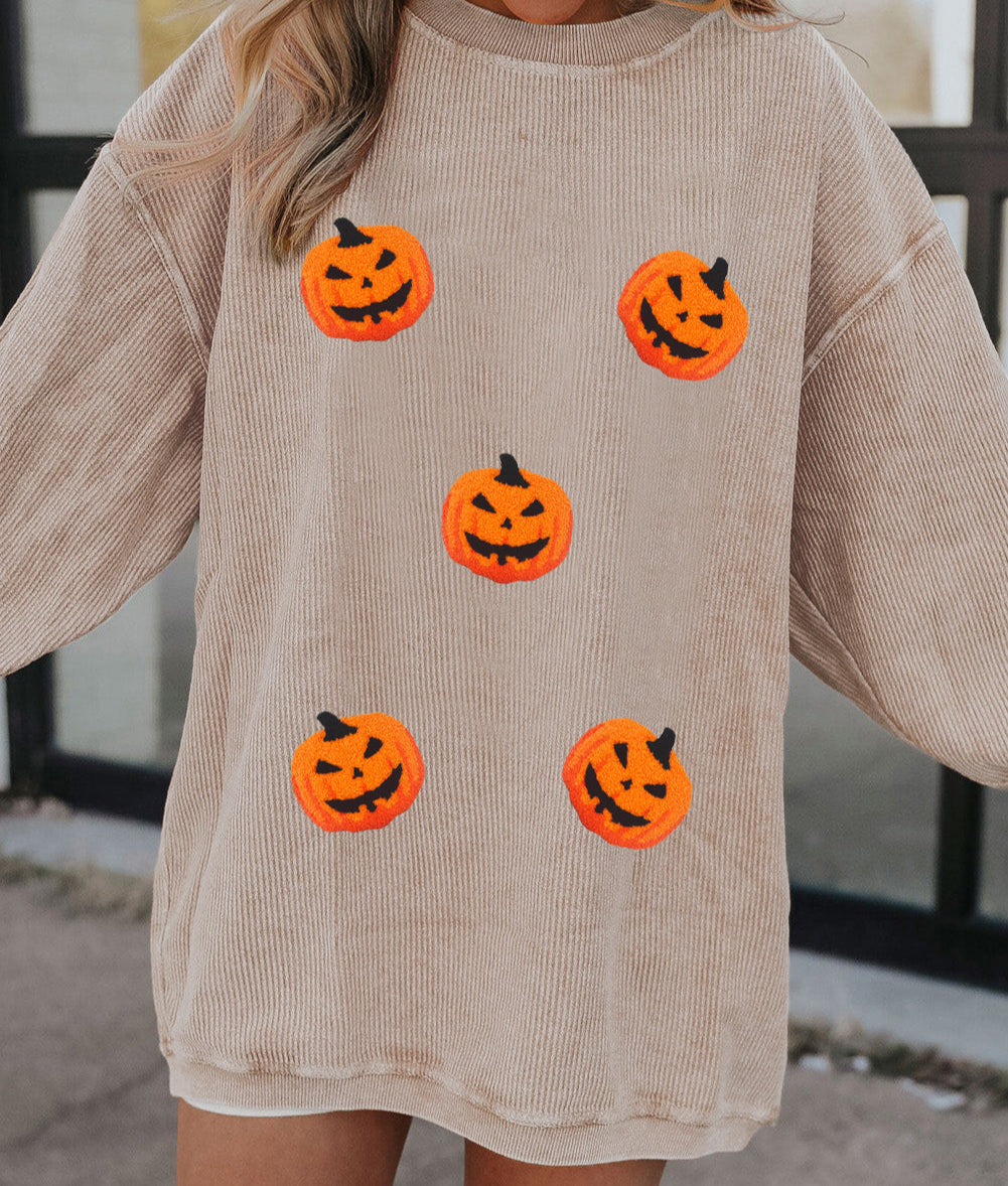 Twisted Rib Texture Chenille Halloween Pumpkin Patched Drop Shoulder Sweatshirt