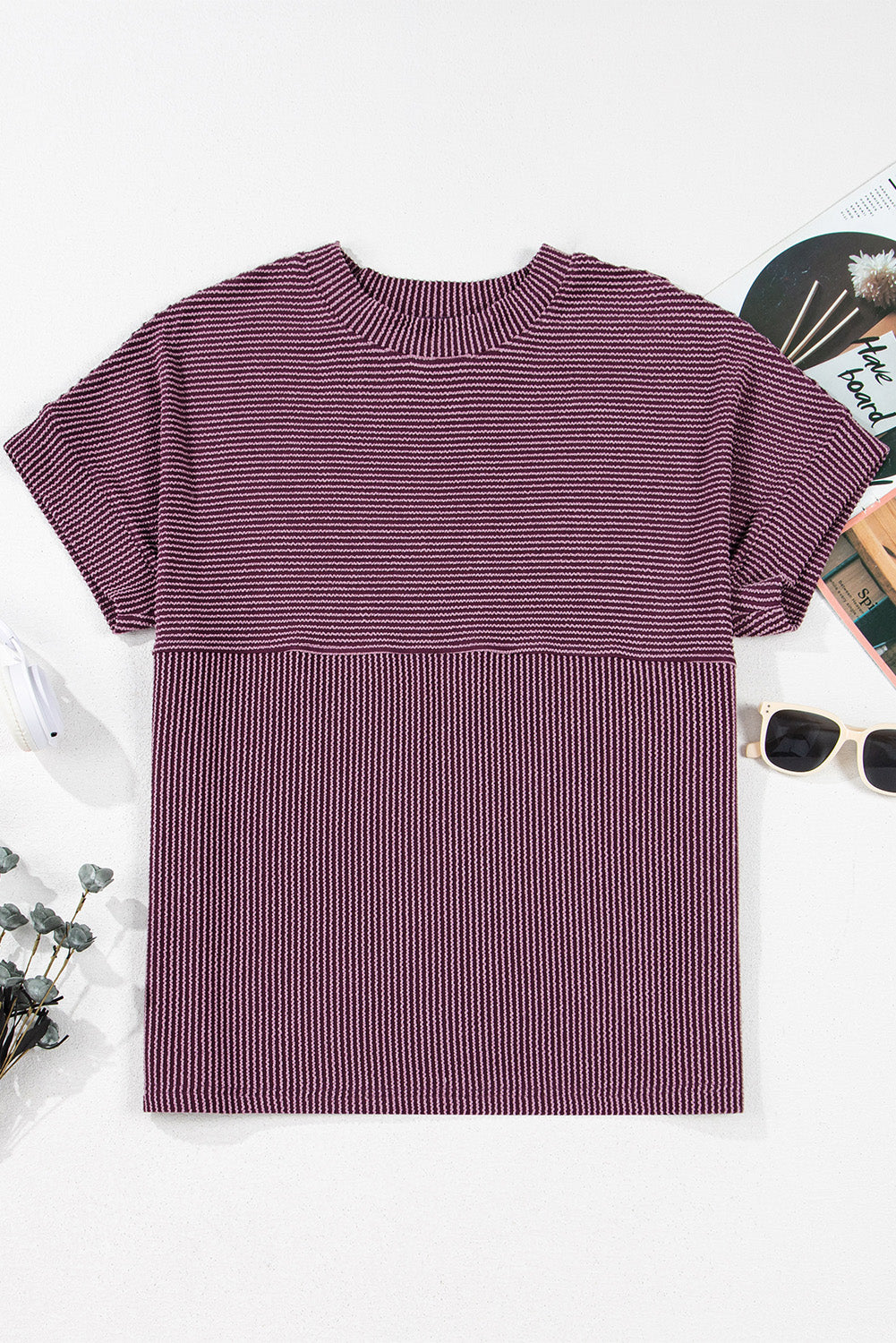 Corded Knit Mock Neck T Shirt