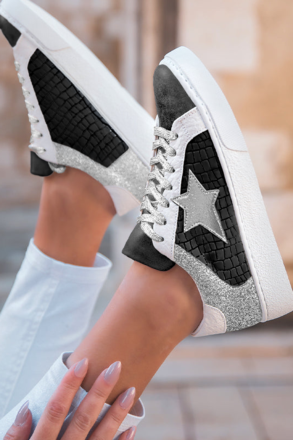 Star Patchwork Sequined Lace-up Sneakers