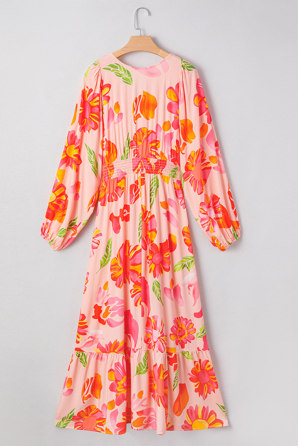 Floral Print Smocked Detail V Neck Puff Sleeve Flowy Maxi Dress